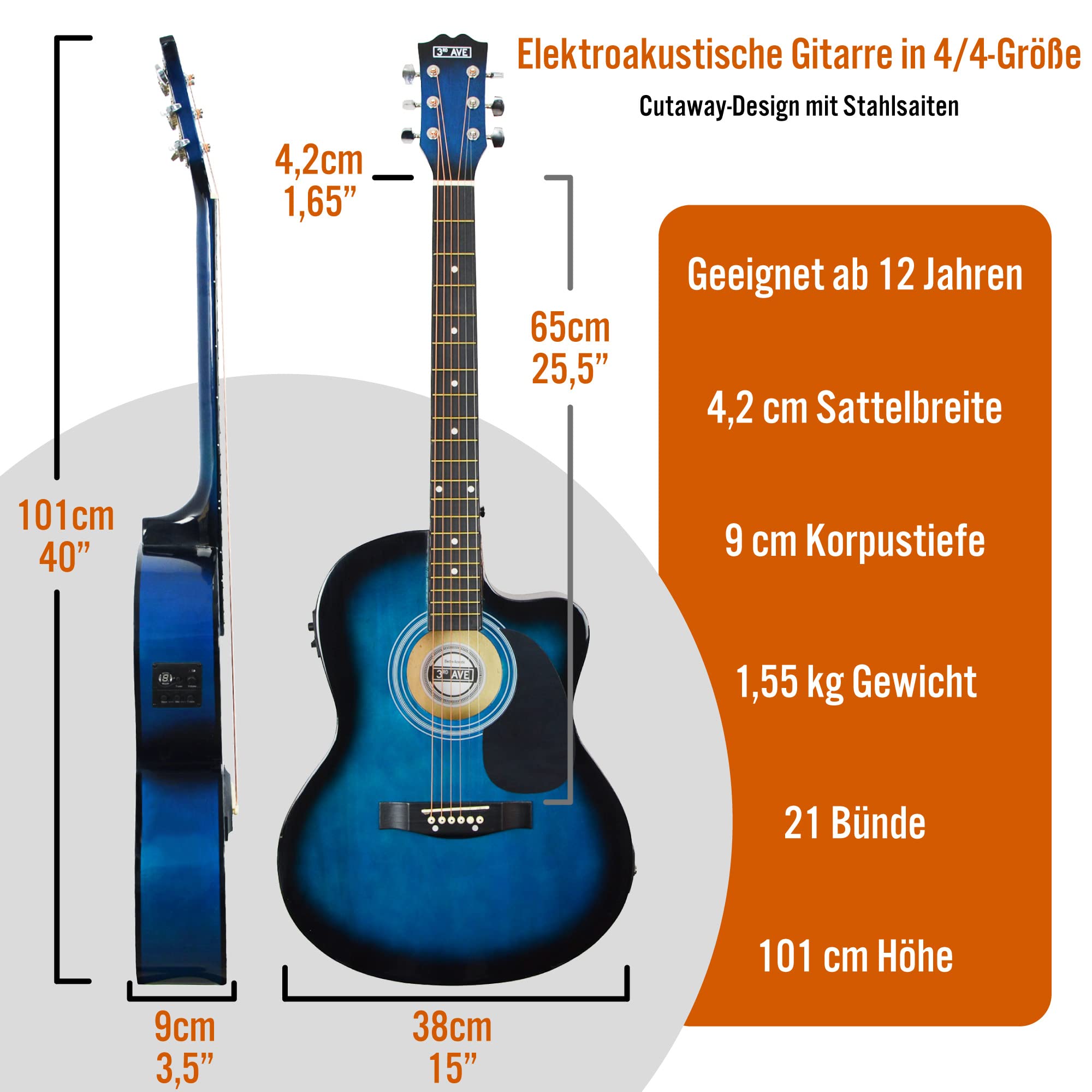 3rd Avenue 4/4 E-Westerngitarren-Set in Normalgröße mit Cutaway, für Anfänger – 6 Monate KOSTENLOSER Unterricht, mit EQ – in Blau