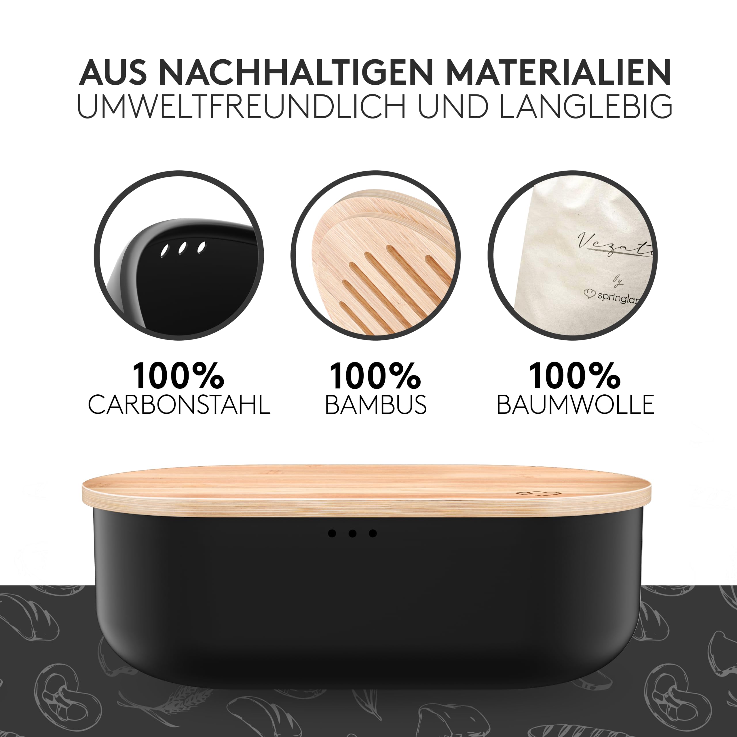 Vezato Brotbox – Nachhaltiger Brotkasten für lange Frische – Extra großer Brotkorb mit Bambusdeckel & Schneidebrett – Nachhaltiger Brotbehälter inkl. Brotsack