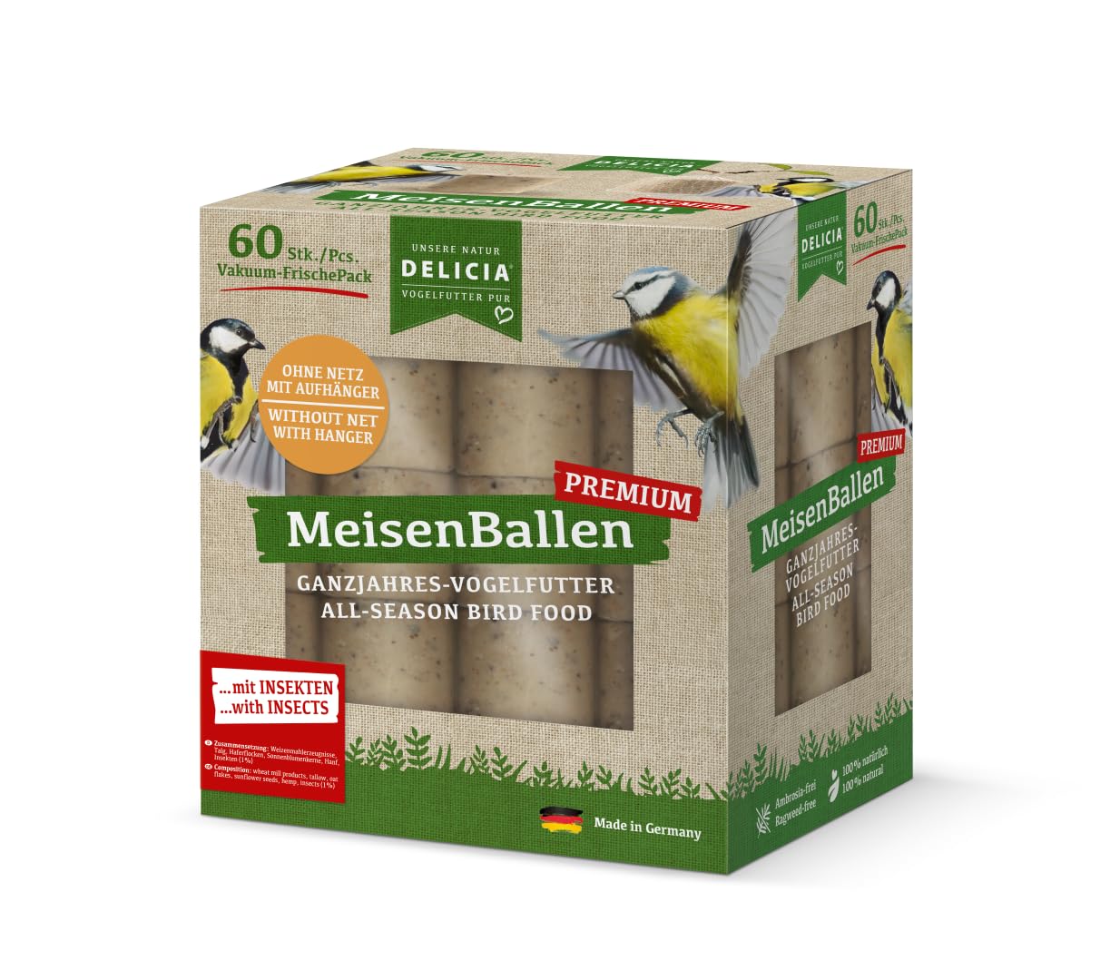 1 x 60 Stück Delicia Meisenballen mit Insekten und Aufhänger, Meisenknödel ohne Netz, Insektenknödel, Vogelfutter, Meisenfutter