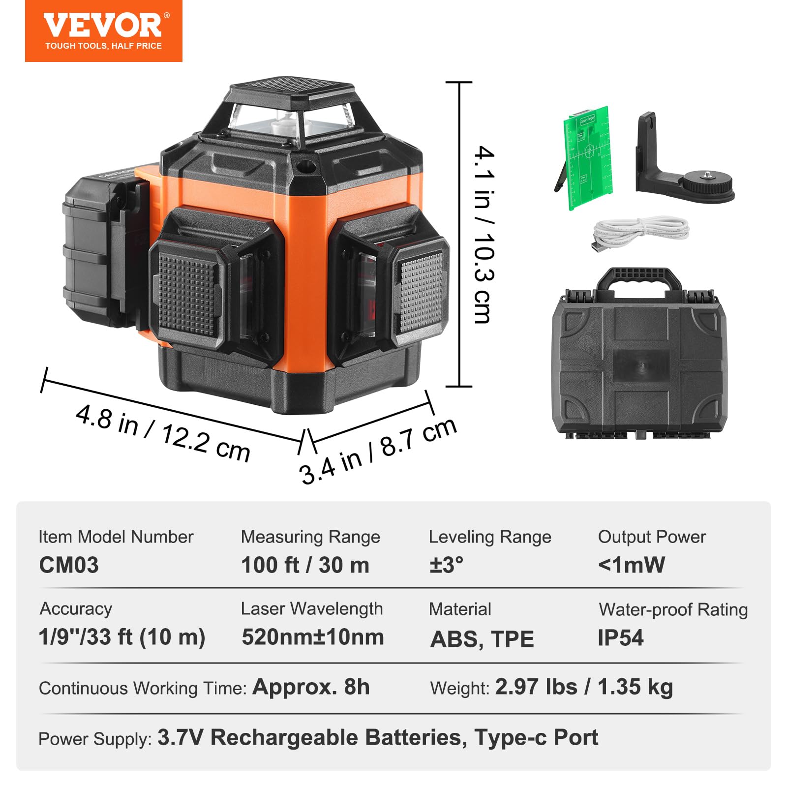 VEVOR Laser a linee incrociate, 30 m, laser autolivellante, 520 nm ± 10 nm, lunghezza d'onda laser da costruzione ± 0,28 cm a 10 m, laser a croce ± 3° 8 ore, tempo di lavoro continuo con batteria al