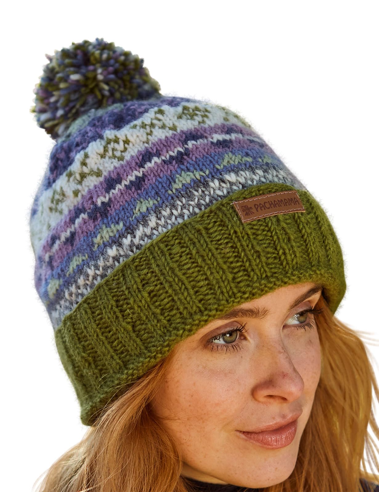 Pachamama Women Wool Beanie Bobble Hat Fleece Lined Roll Back