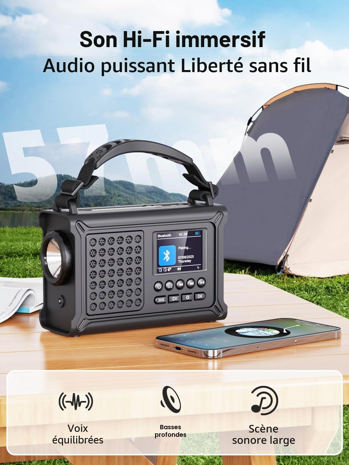ROCAM Radio d'urgence Dab+/FM avec Bluetooth, Radio Numérique Portable 12000mAh avec Panneau Solaire 8500mm² & Manivelle 650mA, Écran Couleur 2,4", 80 Stations, SOS, Lampe LED, USB, IPX6 pour Camping