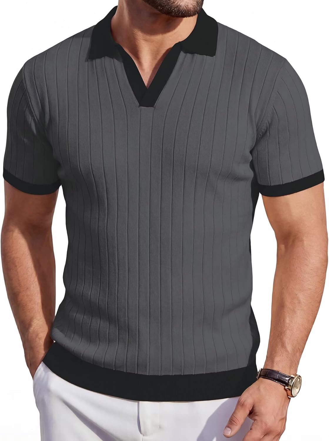 Mens Knit Polo Shirts Short Sleeve Slim Fit Casual Textured Golf Shirt Lightweight ...