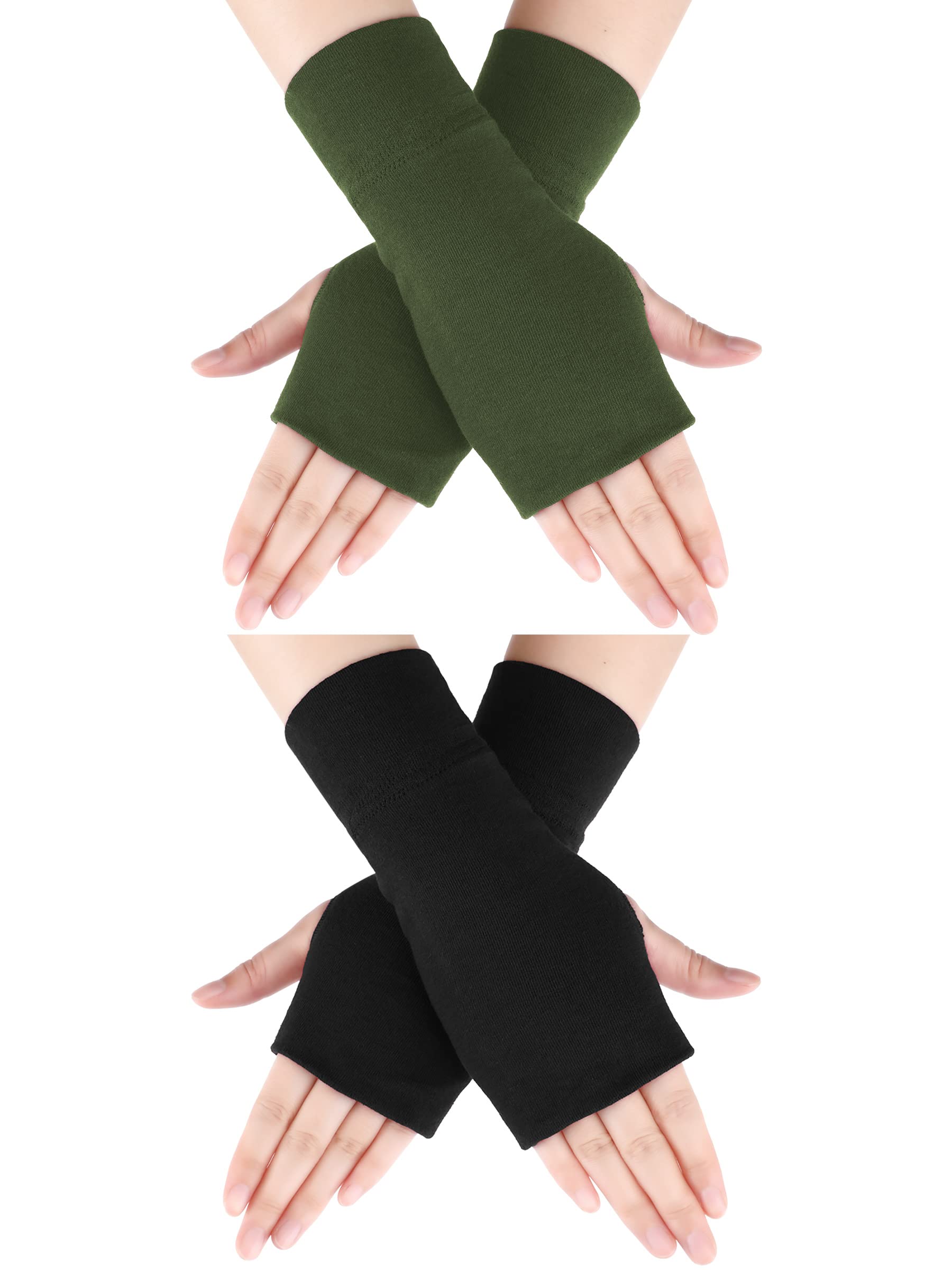 2 Pairs Unisex Fingerless Gloves Stretchy Knitted Gloves Fingerless Thumb Hole Gloves Wrist Length Driving Arm Warmers