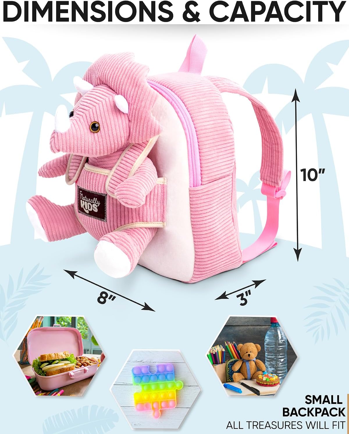 Naturally KIDS Pink Triceratops Toy, Triceratops Stuffed Animal for 2 3 4 5 Year Old Girl, Stuffed Dinosaur for Girls, Pink Toddler Backpack - Image 3