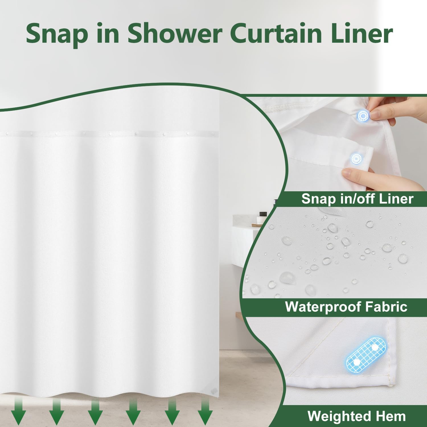 Abstract Colorful Shower Curtain with Snap in Liner, Hotel Style Waterproof Fabric Shower Curtain with Mesh Top Window, Watercolor Green Yellow Modern Aesthetic Bathroom Curtains Decor, 71x74 Inch