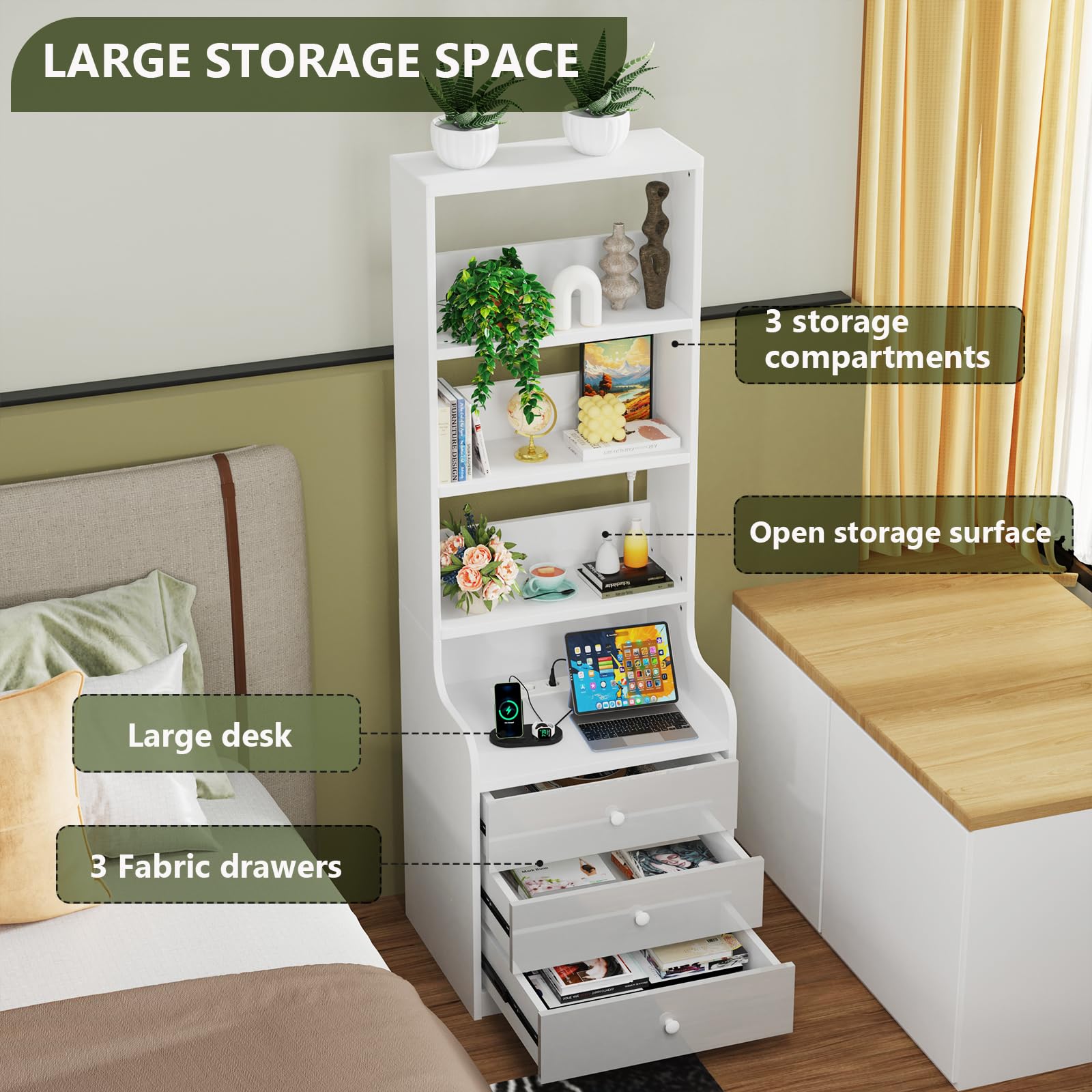 PIPIPOXER Nachttisch Weiß 2er Set mit Steckdose & USB, Hochglanz mit 3 Schubladen, Modernes Möbelstück für Wohn- und Schlafzimmer, 40x50x176 cm