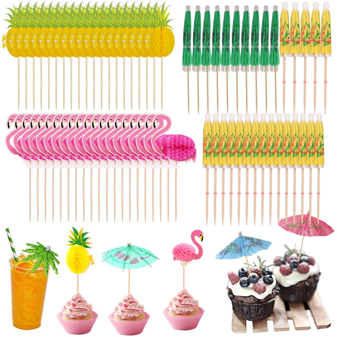 WUSJCOF 70 pezzi accessori cocktail flamingo bastoncini ananas palma ombrellini cocktail per bevande festa tropicale accessori bar multicolore