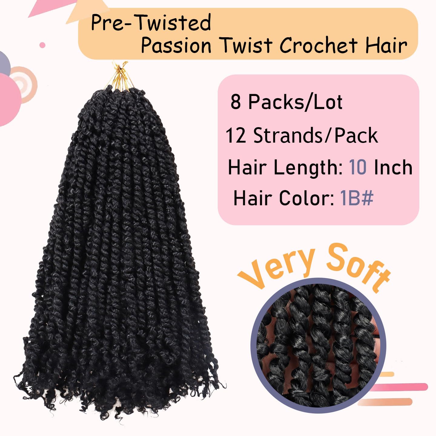 8 Packs Passion Twist Hair 10 Inch Pre-twisted Passion Twist Crochet Hair Pre-looped Crochet Braids Hair for Women Passion Twists Braiding Hair Synthetic Hair Extensions (12Strands/Pack; 1B#)