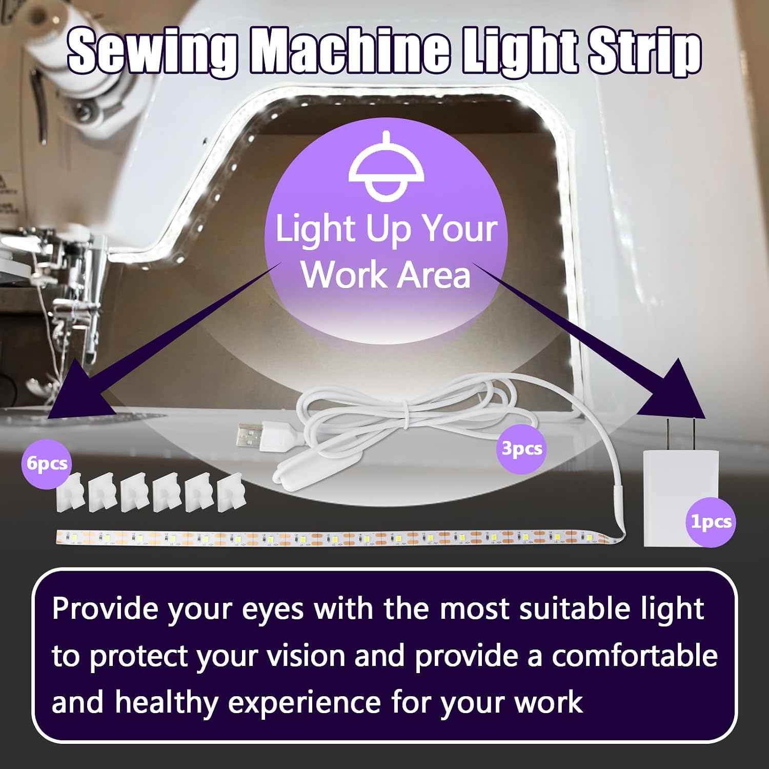 3Pcs Sewing Machine Light Strip with Pushbutton Dimmer, 12in Sewing Machine Lights Led Strip with 17LEDS, Daylight White Sewing Machine Light Fits All Sewing Machines