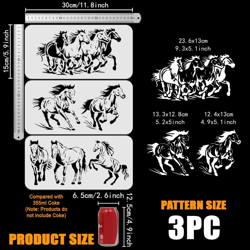 FINGERINSPIRE 3pcs Horse Border Stencil, 11.8x5.9in Running, Walking, Jumping Horse Drawing Templates for Wall, Tile, Floor, Wood