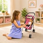 Fash n kolor - Ma première poussette de poupée bébé - Poussette à Dos Rose Polka avec Panier- Poignée de Grib douce. Pliable avec Hood Toy Poupée Pram Accessoires de Poupée Bébé. Avec 2 Bonus gratuit Bouteilles de poupée inclus