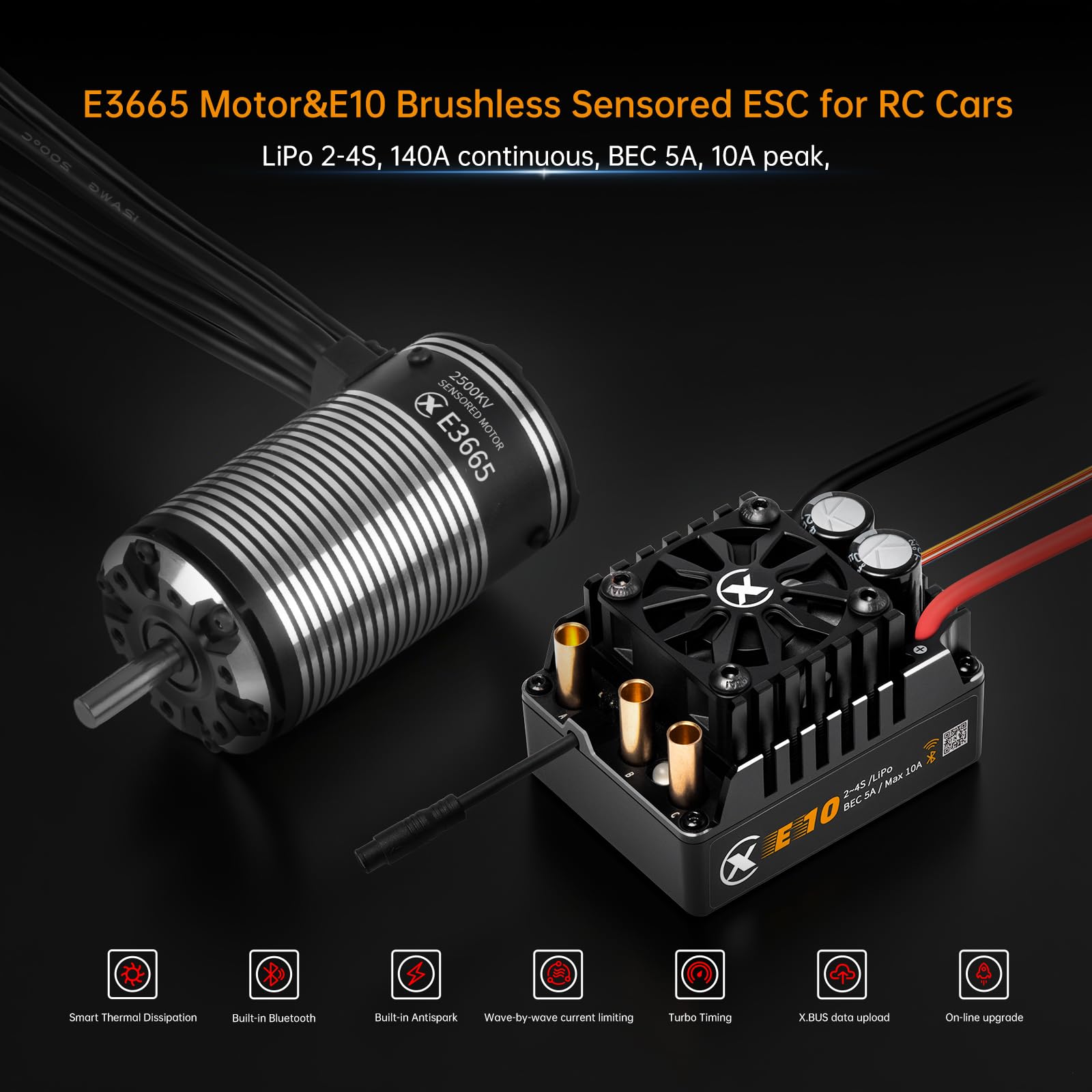 XC E3665 et E10 ESC Combo, moteur sans balais pour voiture télécommandée, 2-3S Lipo, étanche IP67, applicable à : 1/10 court court, camions, Monster (3300 KV + E10)