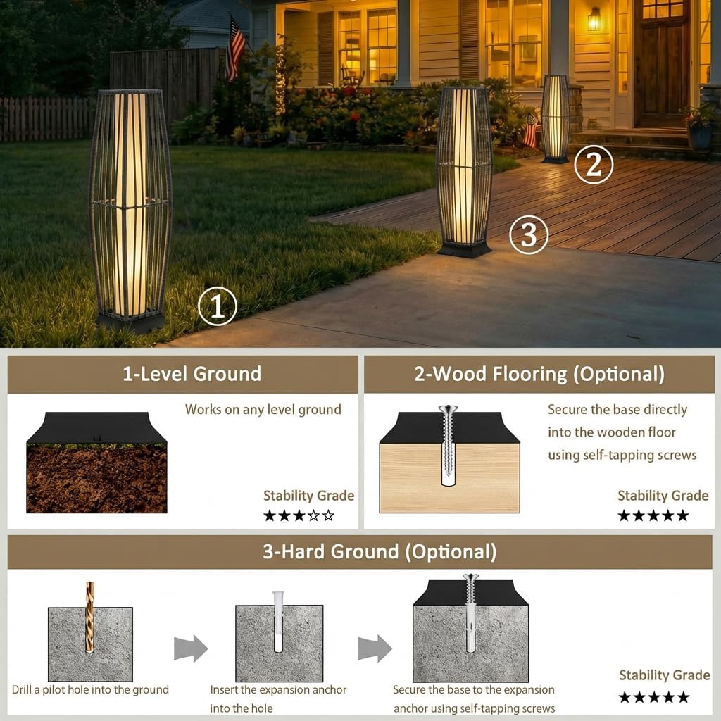 Rattan Outdoor Floor Lamp Set of 2, Boho Solar Porch Lights Outdoor Waterproof for Patio, Garden, Balcony & Deck, Gray (Vertical)