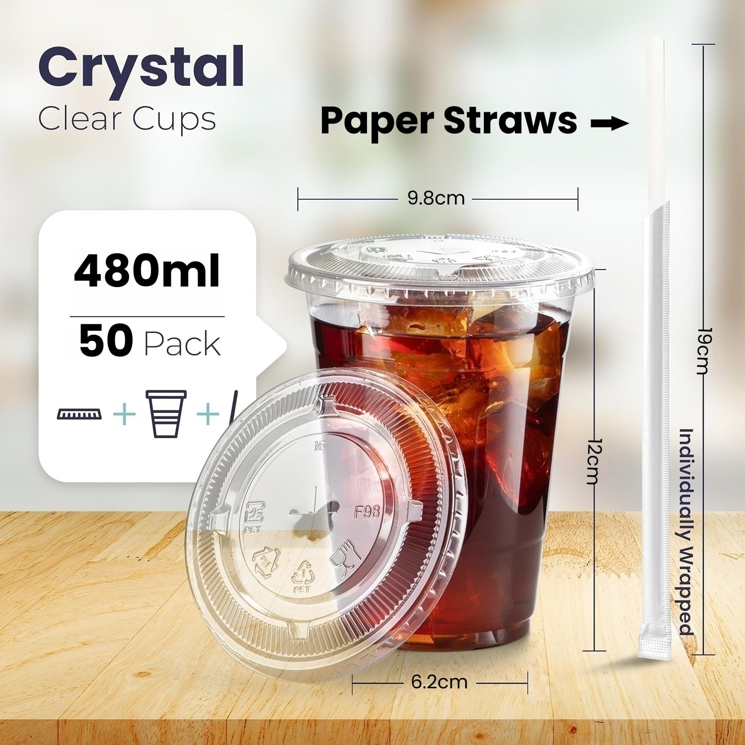 KAHEIGN 50Pcs Plastikbecher mit Deckel – 16oz/480ml wiederverwendbare Plastik-Trinkbecher Smoothie Becher mit Deckel und Loch für Eiskaffee, Cocktail, Smoothie für Kaltgetränke Glühwein Party