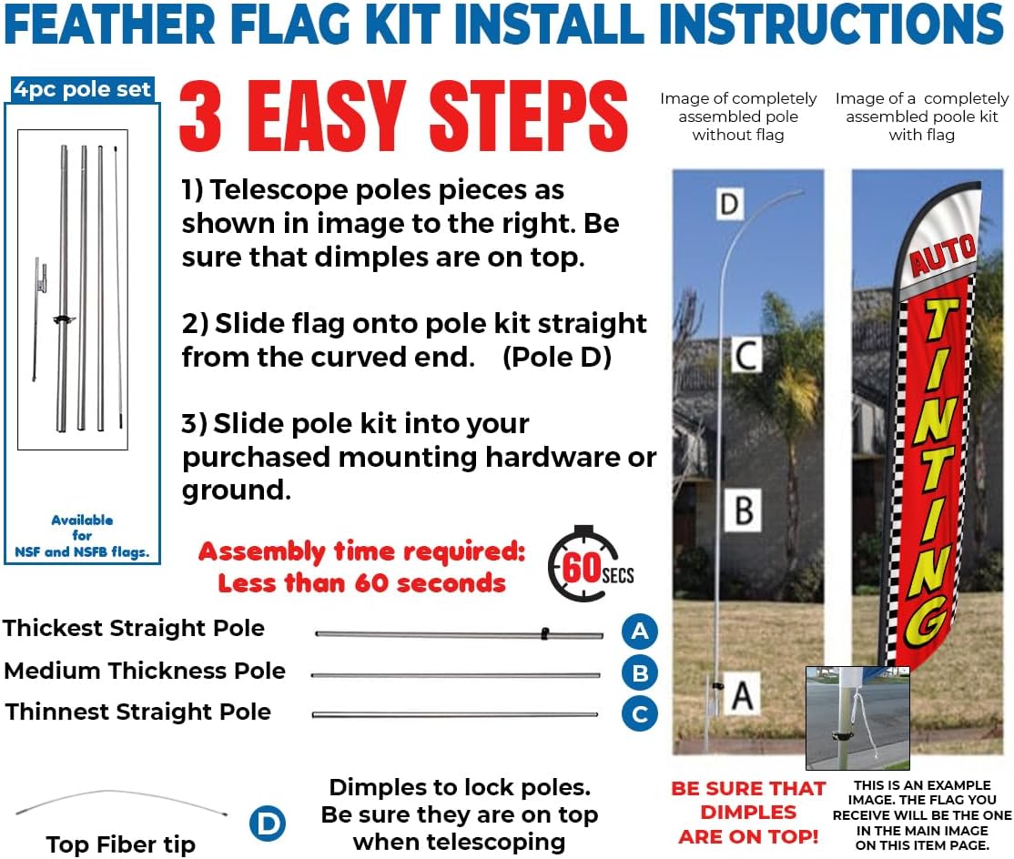 Auto Tinting 15 foot Outdoor Advertising Feather Banner Flag Kit with Pole and Ground Spike