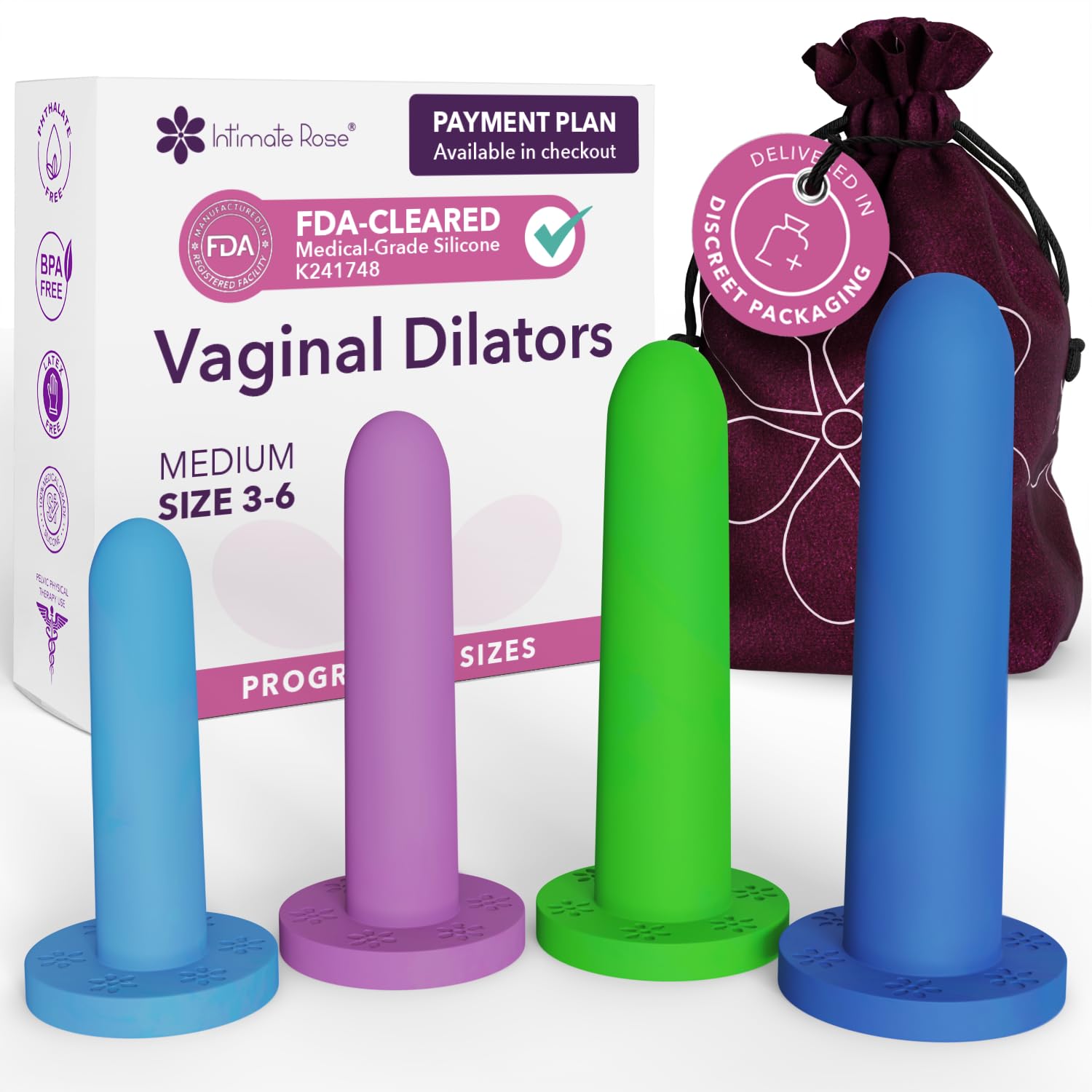 Intimate Rose Medium 4 Pack Silicone Dilators for Women & Men, Sizes 3-6