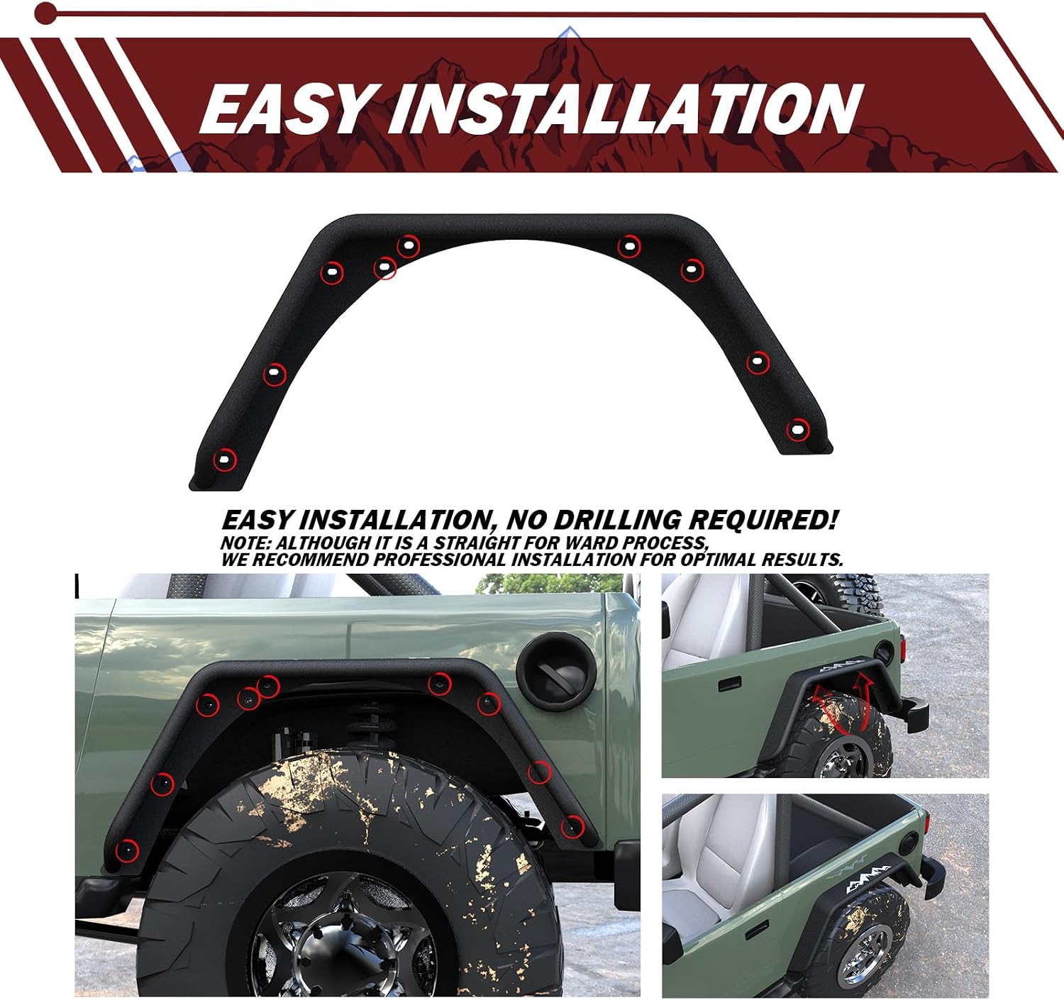 Rear Fender Flares Compatible with 1987 1988 1989 1990 1991 1992 1993 1994 1995 1996 Wrangler YJ, 2 PCS Off-Road Mud Guard Steel Fender, Textured Black