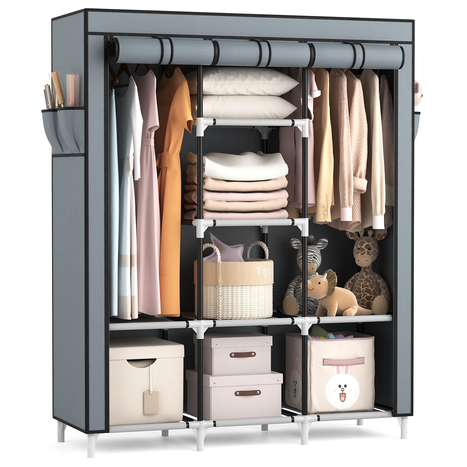 Vicye Armadio Guardaroba in Tessuto con 2 Barra Appendiabiti, 8 Ripiani e 4 Tasche Laterali, Armadio Portatile per Soggiorno, Camera da Letto, 124 x 42 x 162 cm, Grigio