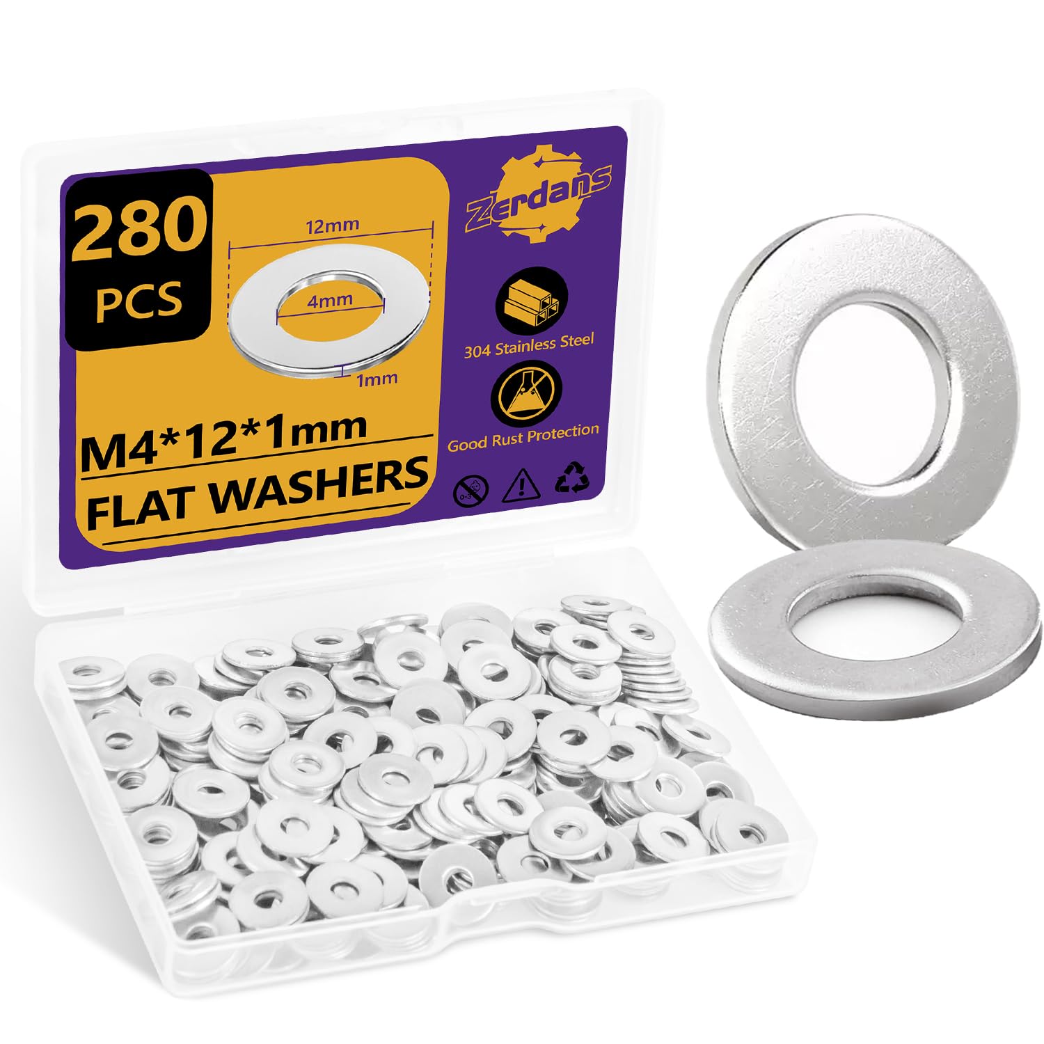 M4 Washers, M4 x 12mm Metal Flat Penny Washer Thickness 1mm- A2 304 Stainless Steel Washers (280 Pack)