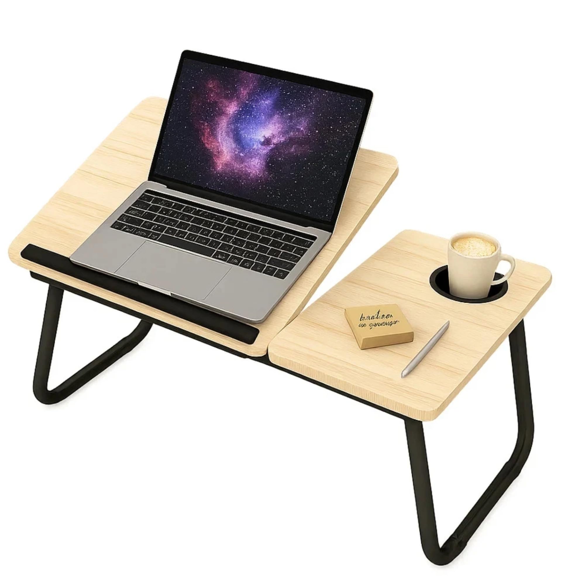 Duas White Wooden Laptop Desk, Laptop Bed Table With Foldable Legs & Cup Slot, Reading Holder Notebook Stand Breakfast Bed Tray Book Holder For Sofa, Bed, Terrace, Balcony (White Wooden)
