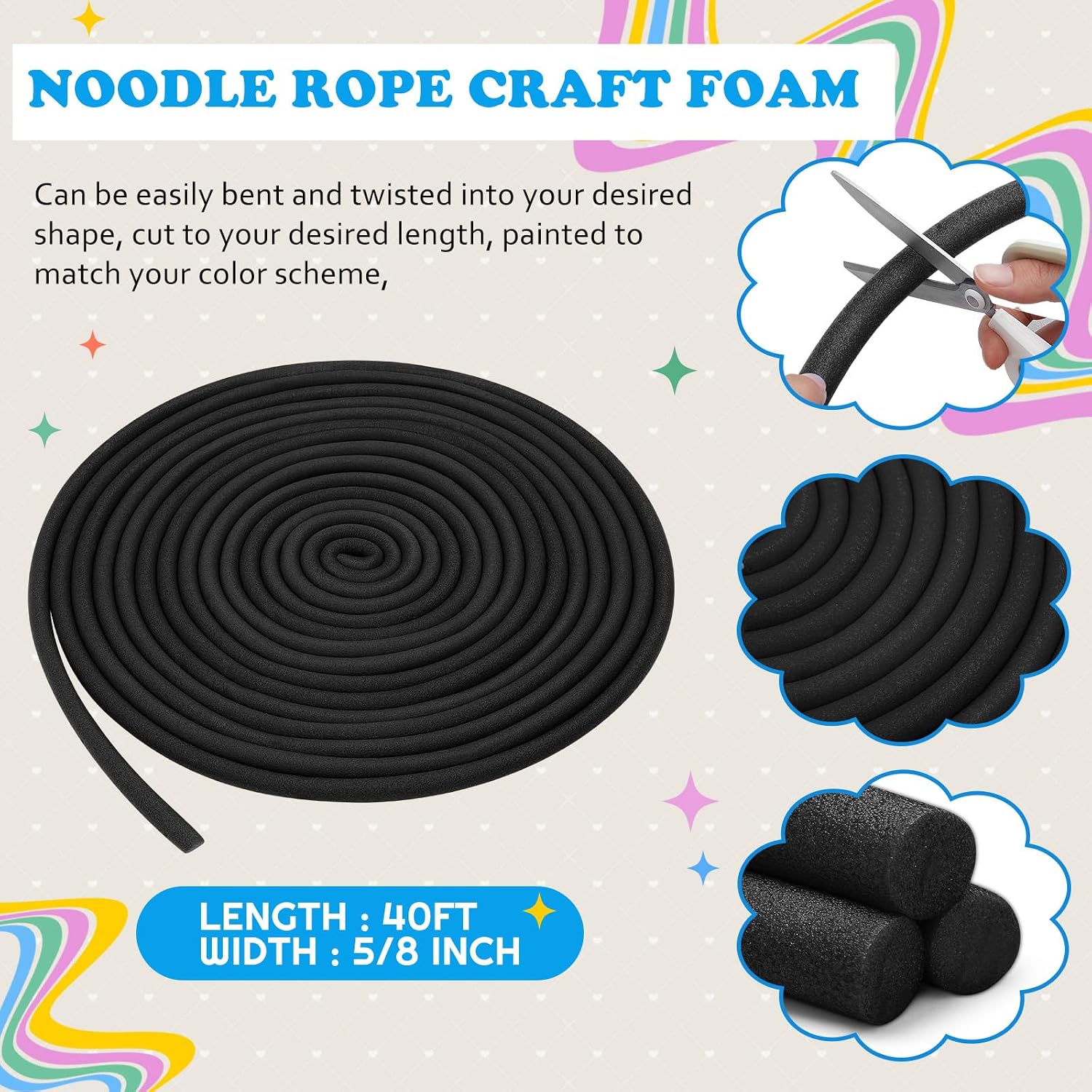 Frienda 5/8 Inch x 40 Ft Black Foam Noodles for Crafts Versatile Pool Noodles Foam Tubes Cylinder Rods for Modeling, DIY Arts and Crafts Supplies