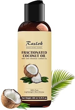 Raslok Fractionated Coconut Oil 100% Pure & Lightweight | Non-Greasy Carrier Oil for Hair, Skin, Body & Massage | Hexane-Free | 200ml / 6.76 fl oz