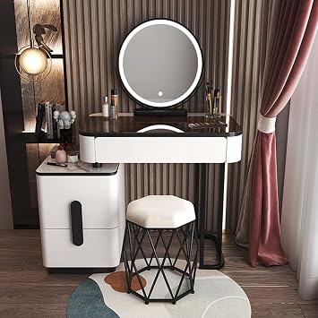 Dressing Table, Vanity Desk with Adjustable Led Lighting Mirror and Storage Cabinet, Makeup Table with Stool and 2 DrawersBlack whiteA,80cm/31.5in