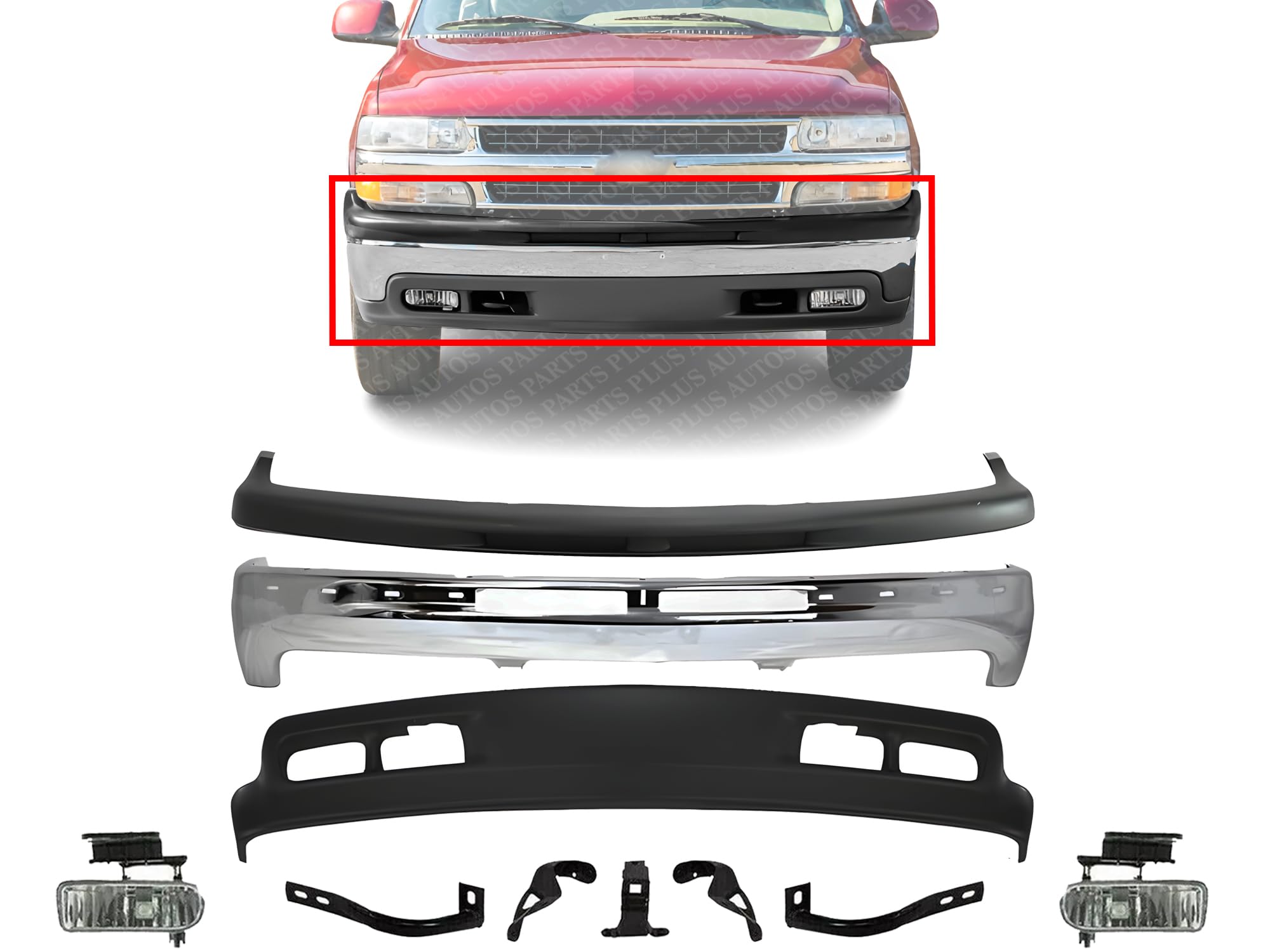 AUTOS PARTS PLUS Front Bumper Chrome + Upper Cover + Lower Valance + Brackets Set + Fog Lamps Left & Right Side Direct Replacement Compatible With