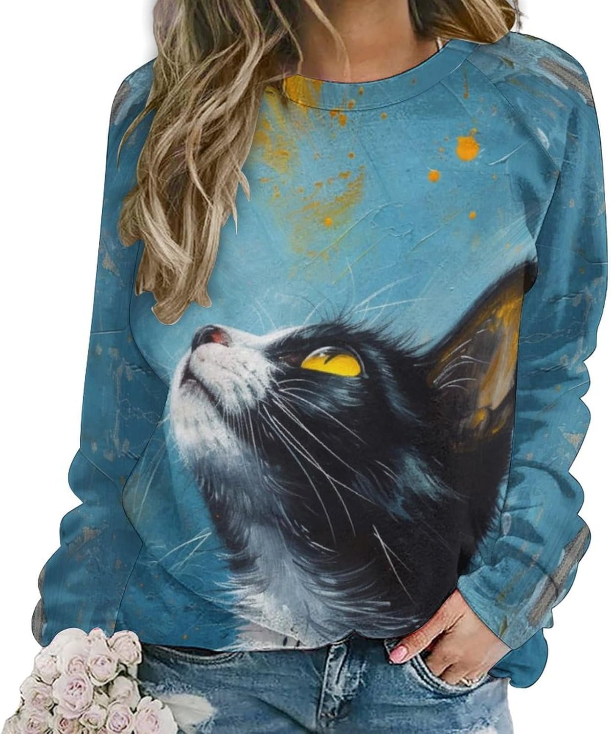 Womens Sweatshirt Oilpainting Cat Print Fall Oversized Cotton Holiday Casual Fashion Warm Crewneck Sweaters