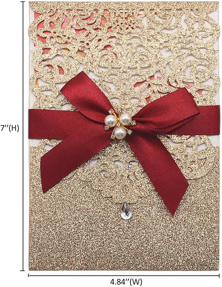 AdasBridal 25Pcs Gold Glitter Laser Cut Invitations with RSVP Cards and Envelopes Luxury Diamond and Ribbon Design with 250GSM Pearl Paper Insert For Wedding Engagement Birthday Quinceanera Invite