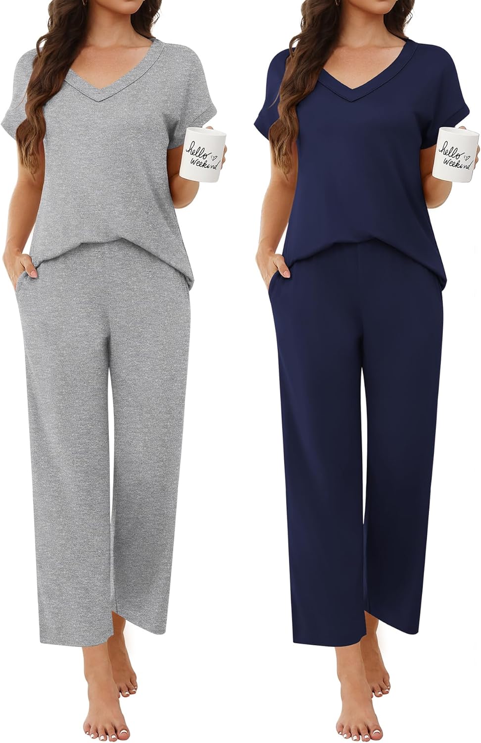 Ekouaer 2 Pack Pajamas for Women Short Sleeve V Neck Pj 2 Piece Lounge Sets S-XXL