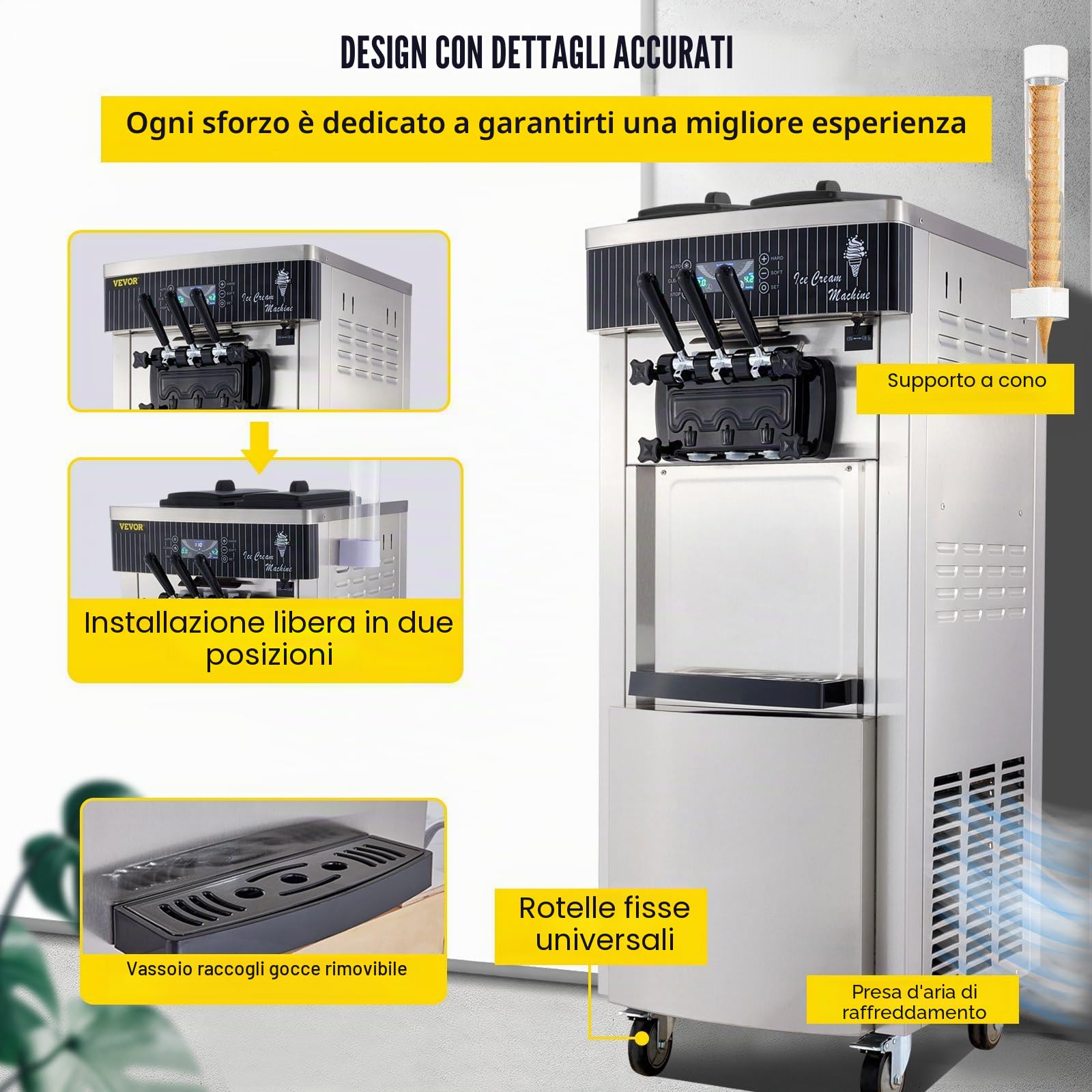 Macchina per Gelato soft professionale 2200W 20-28L/h 3 Gusti Macchina per Gelato Capienza 6Lx2 Pannello LCD Pulizia Automatica per Bar Ristorante Yogurt Caffè Hotel