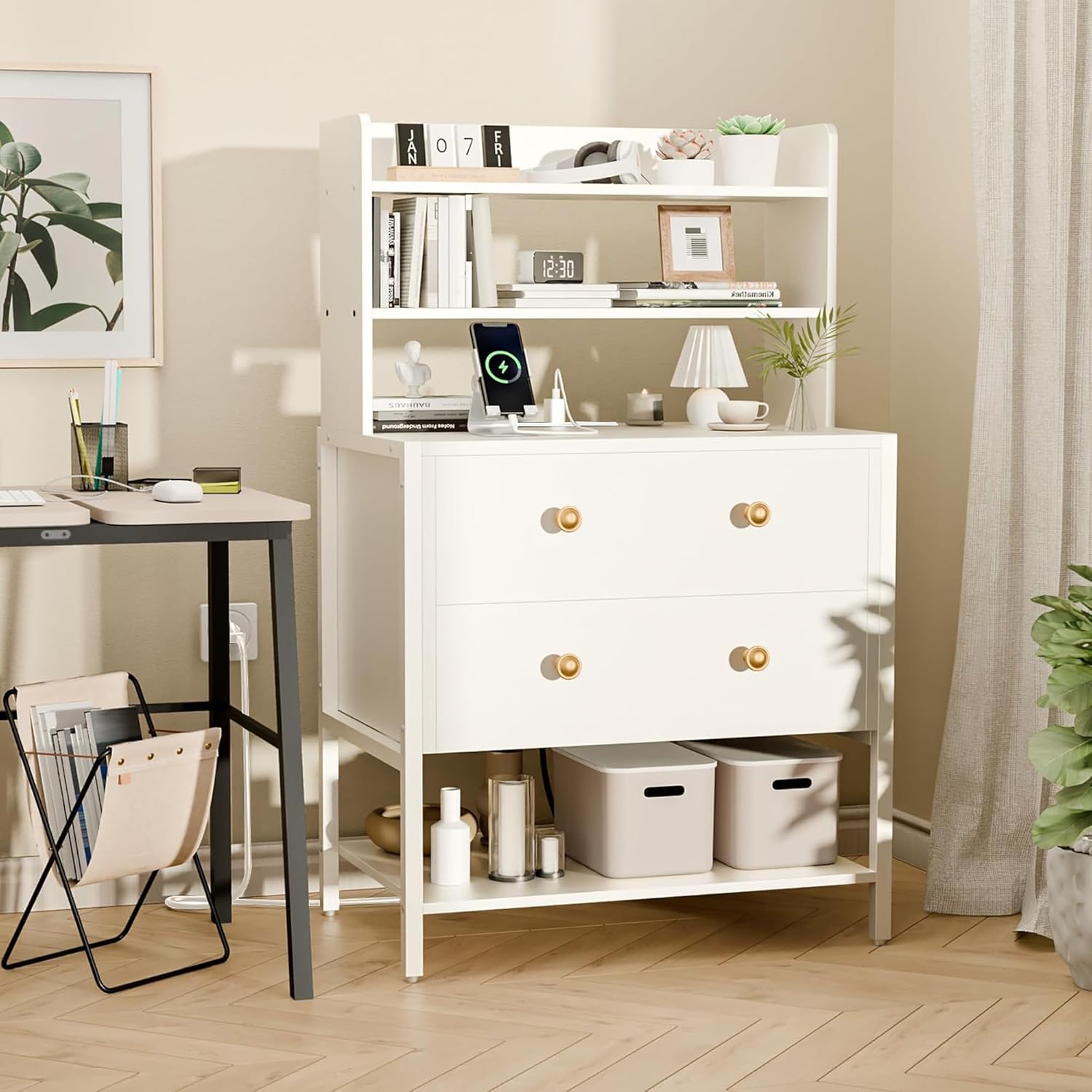 24 Inch Wide Night Stand, Large Wooden Night Stand with 2 Adjustable Drawes, Tall Nightstand with 4-Tier Shelves and Charging Station, Bedside Table for Living Room/Bedroom/Office, White.