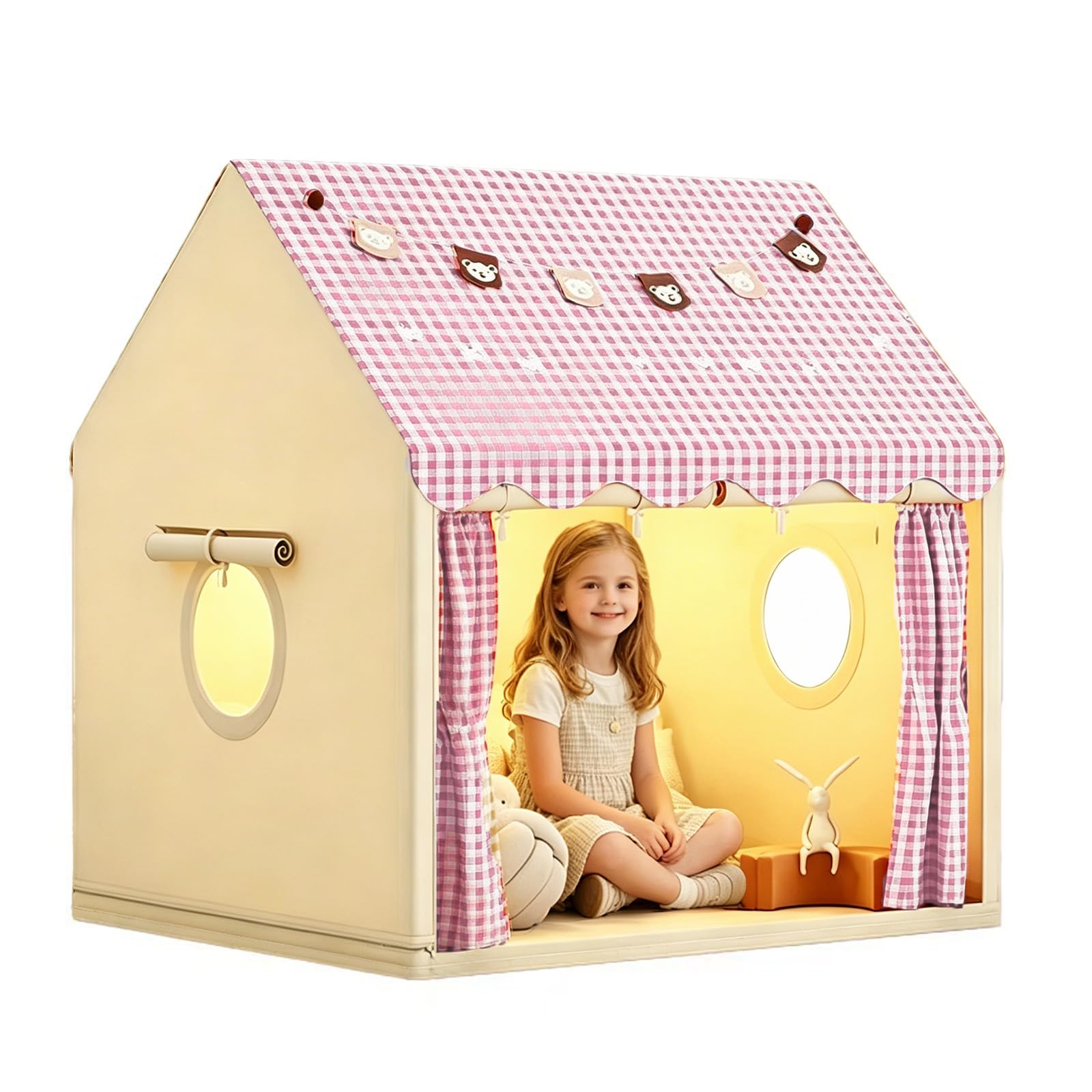 MeYuxg Kinderzelt Indoor,Prinzessin Zelt mit Fenstern und Kleine Bär Bunte Fahnen,120×105×128cm Innenbettzelt für Kleinkinder,Spielzelt für drinnen,Kinder Spielhaus für Jungen und Mädchen