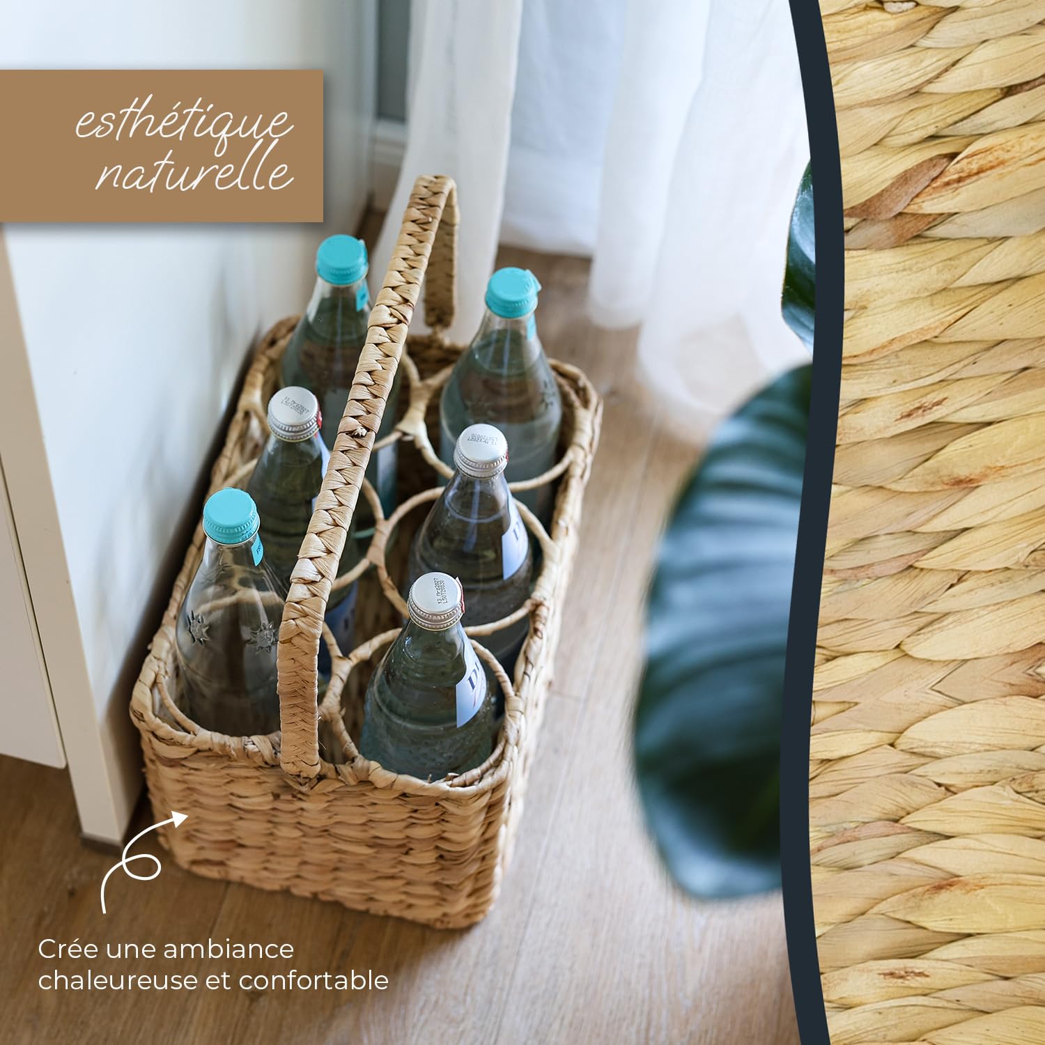 HMF Porte-bouteilles pour 6 bouteilles, panier à bouteilles tressé en jacinthe d'eau durable, 32 x 22 x 18 cm