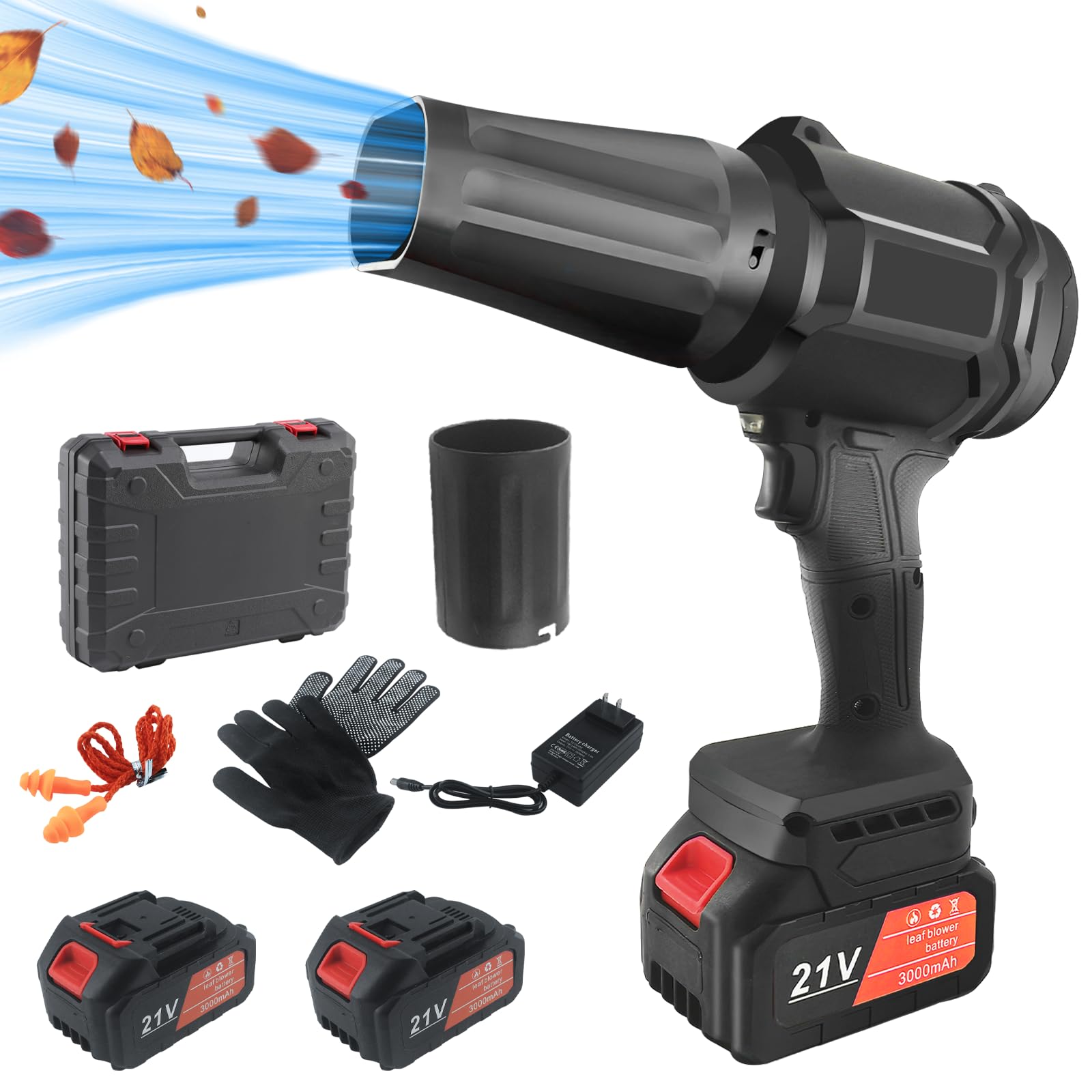 Turbo Jet Blower - Set professionale soffiatore a batteria al litio per foglie, auto, industria | Con 2 batterie, caricabatterie, valigetta, flusso d'aria variabile, con testa di ricambio e accessori, leggero e potente
