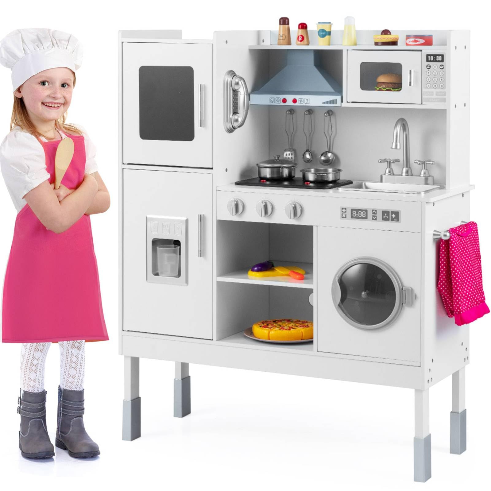 GYMAX Kids Play Kitchen, Wooden Toy Kitchen with Stoves, Microwave, Ice Maker, Telephone, Wash Machine and 16 PCS Accessories, Height Adjustable Children Cooking Role Playset for 3+ Years Old (White)