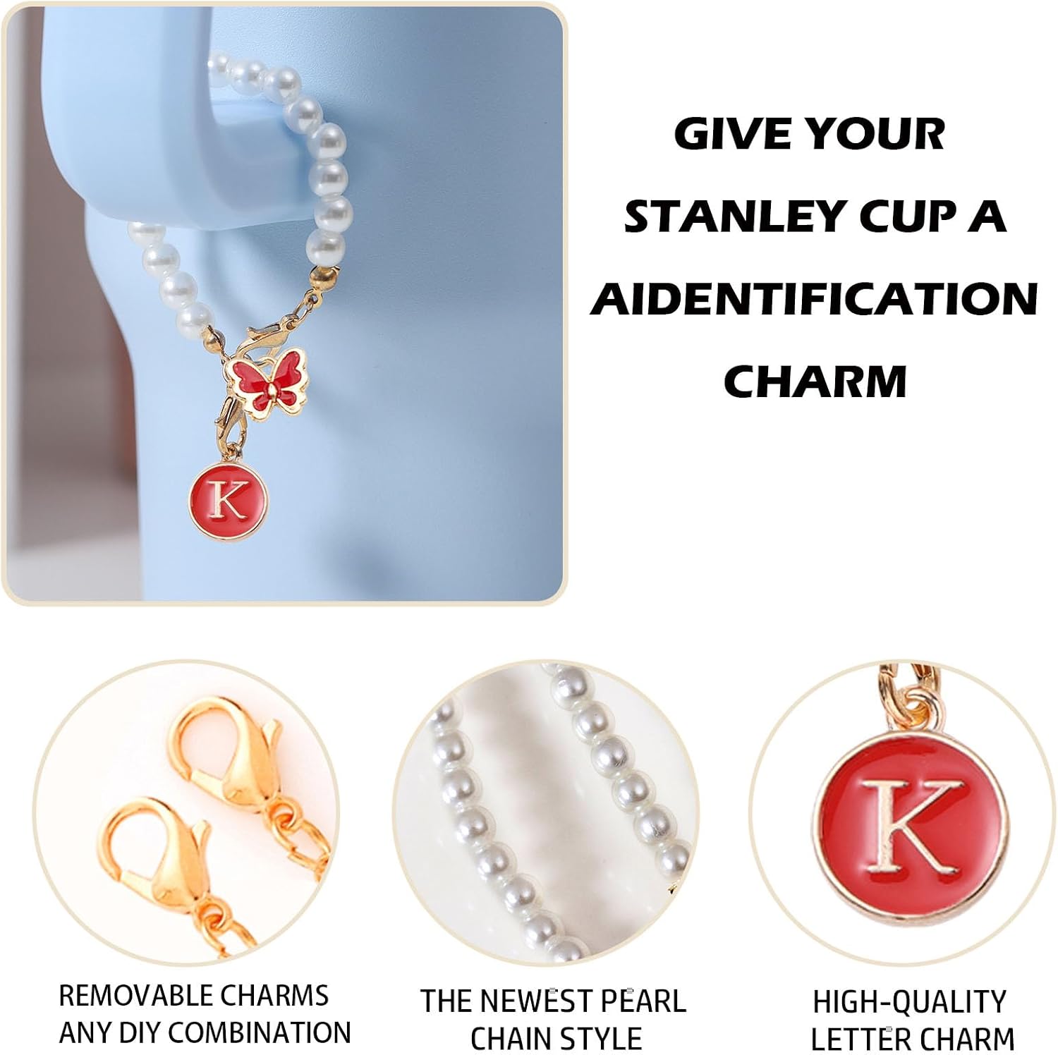 Accessories for Stanley Cup Pearl Chain Initial Accessoriess for Handle Stuff Decor Water Bottle Jewelry Tumbler Cute Simple Modern Personalized Name ID Decorations Letter Red Tag K image 3