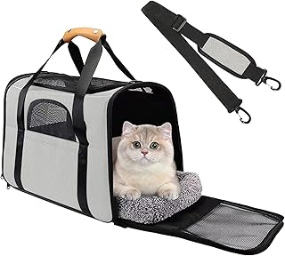 Katzentransportbox – Faltbare Transportbox Katze Auto aus Oxfordstoff, Atmungsaktive Katzentasche mit Schultergurt, Kuschelkissen & Anti-Flucht-Haken, Für Katzen & Kleine Hunde bis 13kg