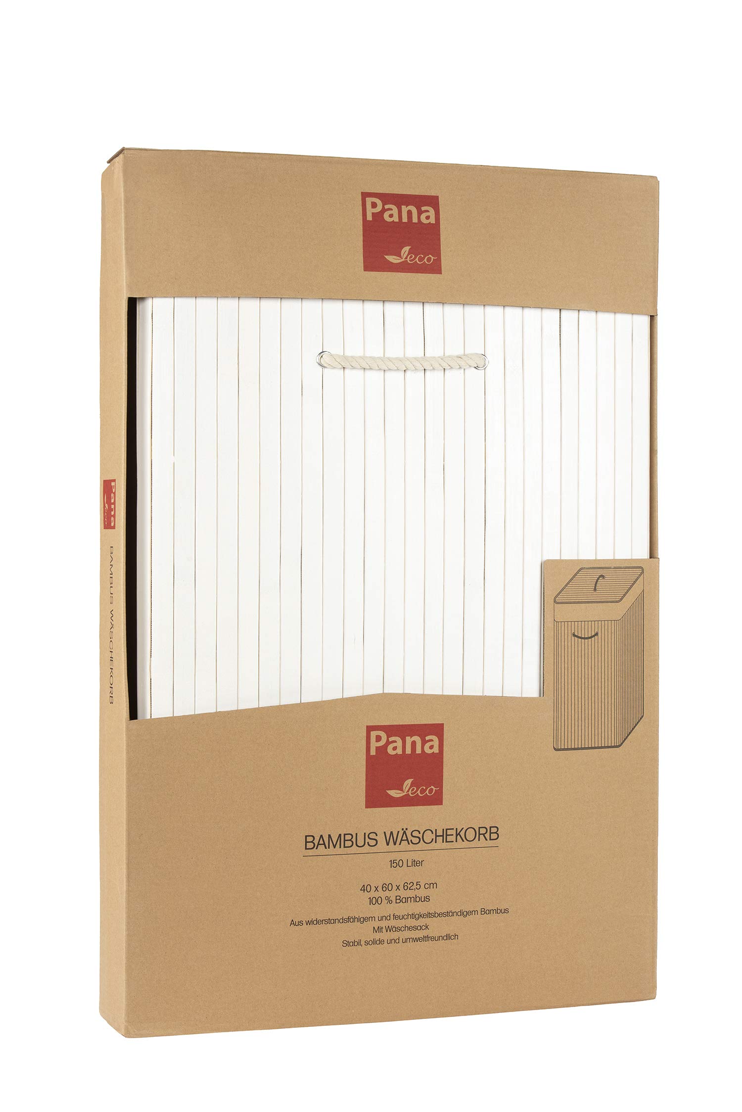 PANA®ECO Panier à linge en bambou avec couvercle (104 L) • Bac à linge avec sac amovible • Corbeille à linge pliable • Coffre à linge salle de bain • 100% bambou • Couleur : Blanc (52x32x63 cm)