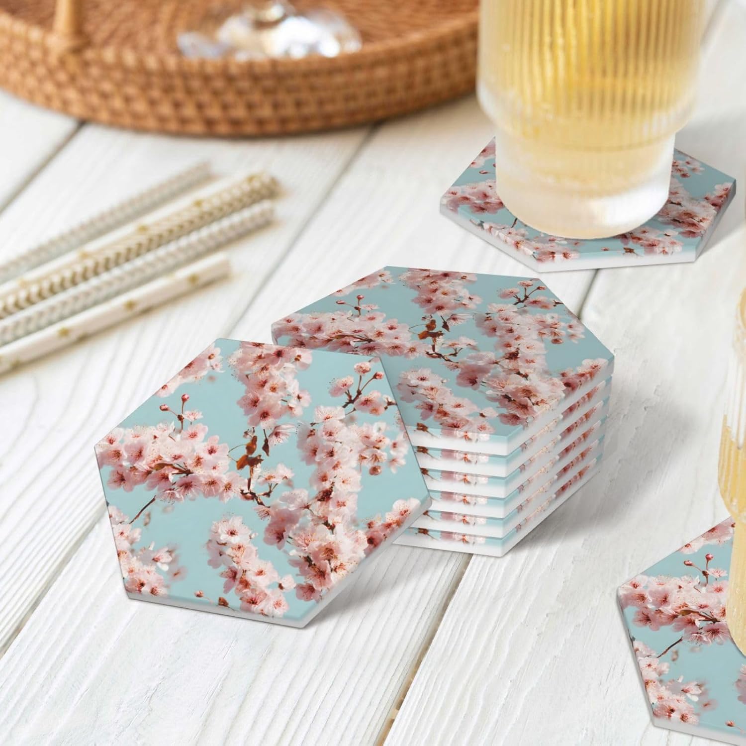 (Cherry Blossoms) Ceramic Coasters Set of 6 with Holder Non-Slip Hexagon Coffee Coasters for for Cup Mug Drink Patio Coffee Table Decor, Christmas Coasters Home Bar Supplies