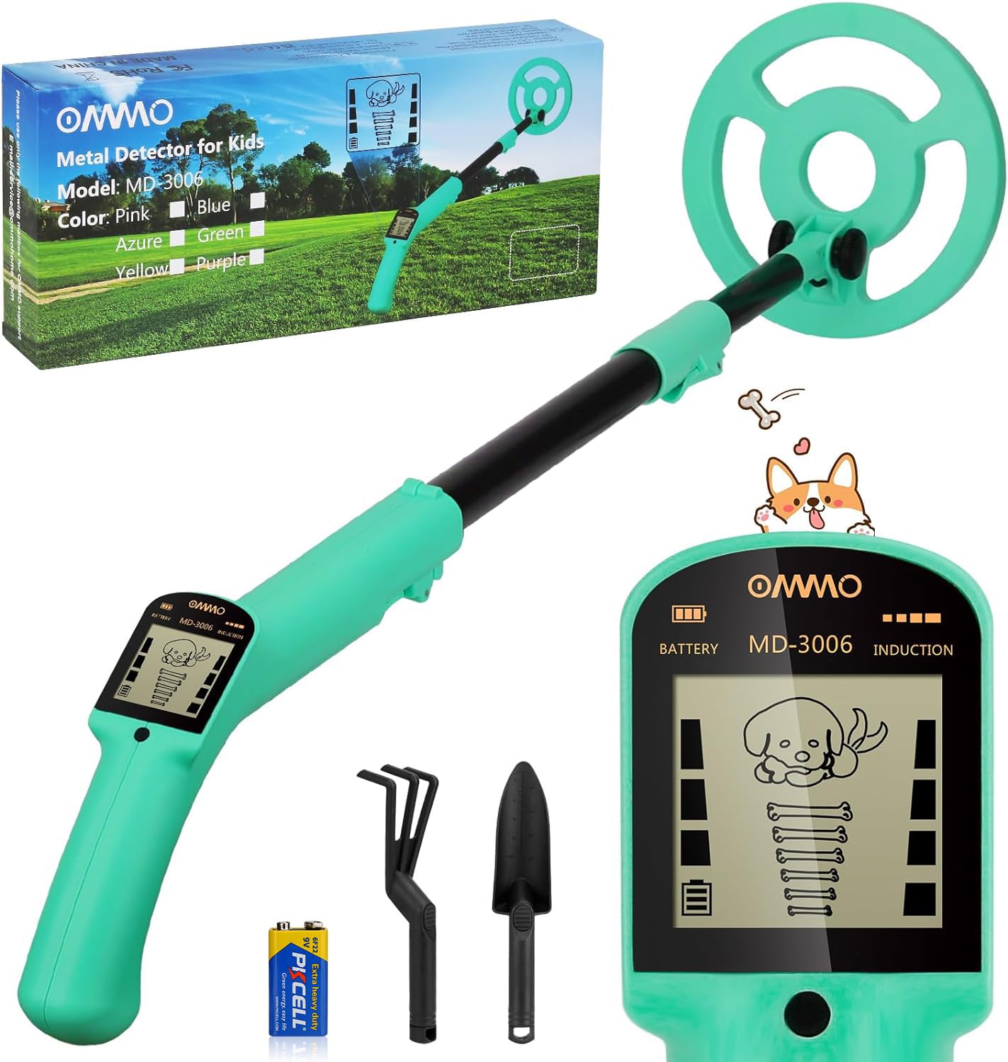 OMMOMetal Detector Kids, Adjustable Stem18.3''-37.8'' Metal Detector with LCD Display, Lightweight Kids Metal Detector with 6'' Waterproof Coil, Metal Detector for Beginners, Shovel, Rake, Blue
