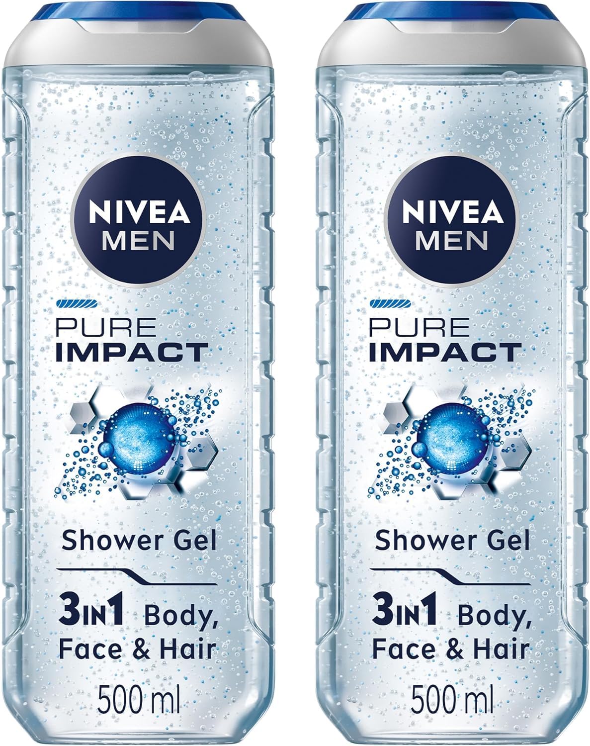NIVEA MEN Pure Impact 3in1 Shower Gel, Cleans Body, Face and Hair, with Purifying Particles, Deep Cleansing for a Fresh Feeling, for All Skin Types, 2x500ml, Pack of 2