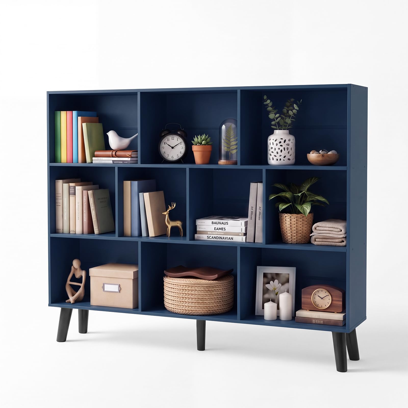 YAHARBO 10 Cube Large Bookshelf,3 Tier Bookcase with Legs,Dark Blue Mid-Century Modern Bookshelves,Wide Free Standing Open Storage Organizer Shelf,Tall Wooden Book Case Furniture for Living Room
