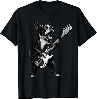 Boston Terrier Playing Bass Guitar Rock Music Dog Lover T-Shirt