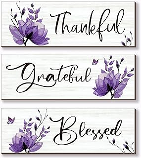 Set of 3 Purple Bathroom Decor Purple Wall Decor Rustic Inspirational Words Thankful Grateful Blessed Farmhouse Wooden Sign for Women Kitchen Bedroom(12x4)