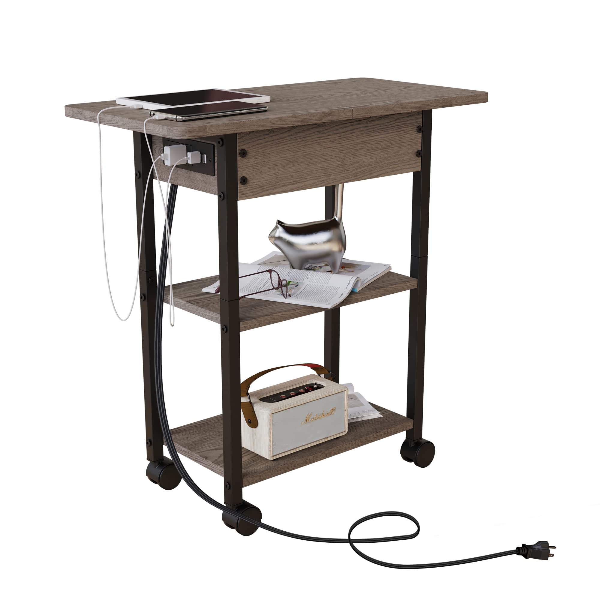 Arceisle Narrow Nightstand with Charging Station, Flip Top End Table