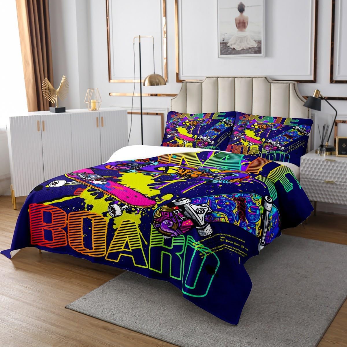 Castle Fairy Cartoon Skateboards Bedspread Twin Size,Colorful Graffiti Bedding Sets 2Pcs for Kids Girls Boys Room Decor,Cool Hip Hop Style Comforter Set Extreme Sports Quilt Coverlet,1 Pillowcase