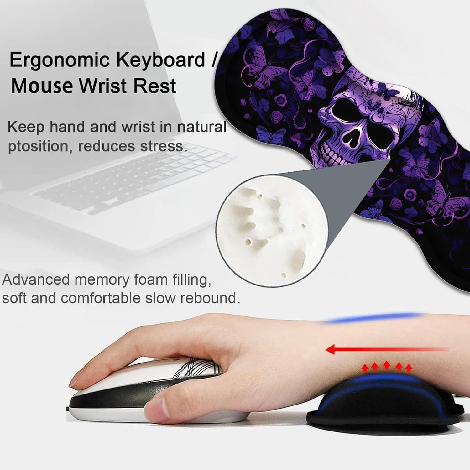 Large Gaming Mouse Pad, Keyboard Wrist Rest Pad + Mouse Wrist Pad + Coaster 4 in 1 Set, Extended Waterproof Non-Slip Desk Mat, Suitable for Office Home Learning Games, Skull Butterfly